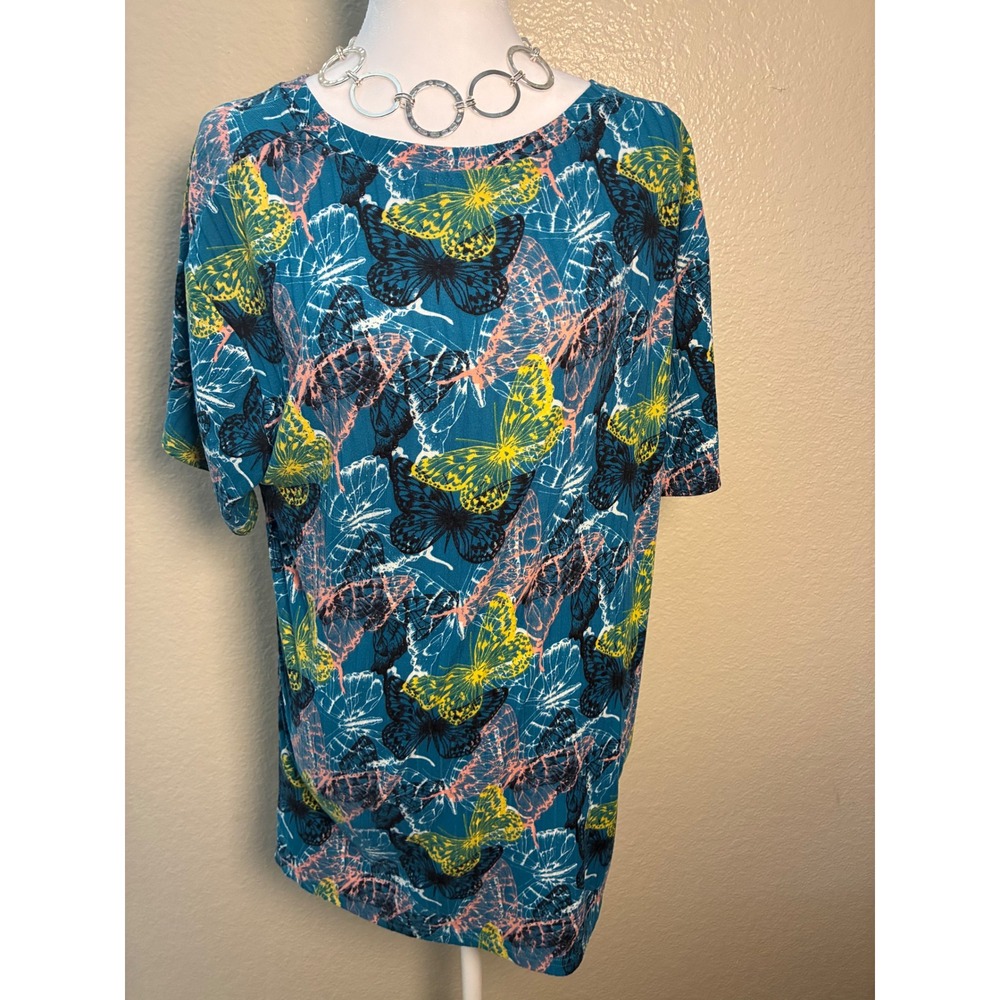 Emily Stacy Womens 1X Teal Butterfly Print Ribbed Knit Short Sleeve Top Tee